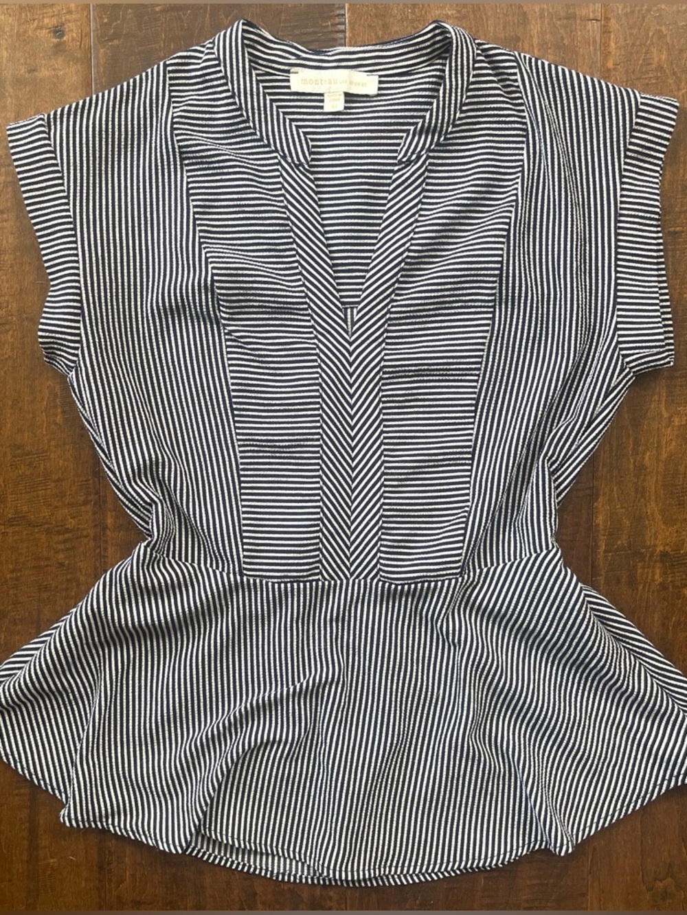 Monteau LA black and white striped blouse with a peplum hem sz Medium